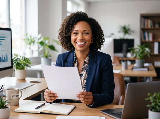 A happy professional woman holding an ATS resume template
