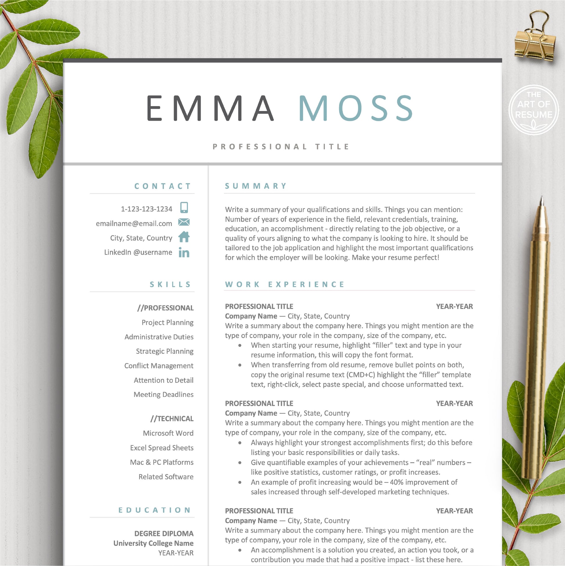 The Art of Resume Templates | Modern Professional CV Simple Teal Blue Resume CV Design Template Bundle Free download