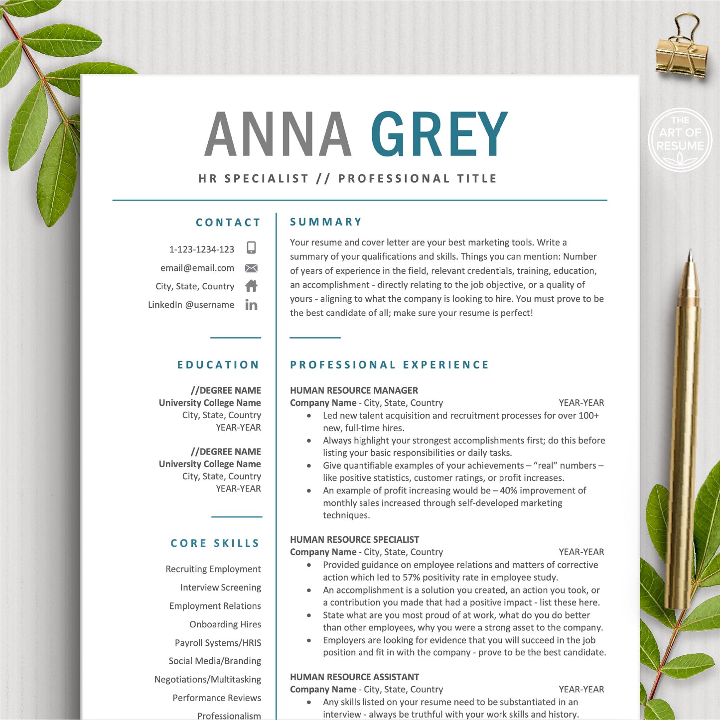 The Art of Resume Template Designs | Professional HR Resume Template 1 Page