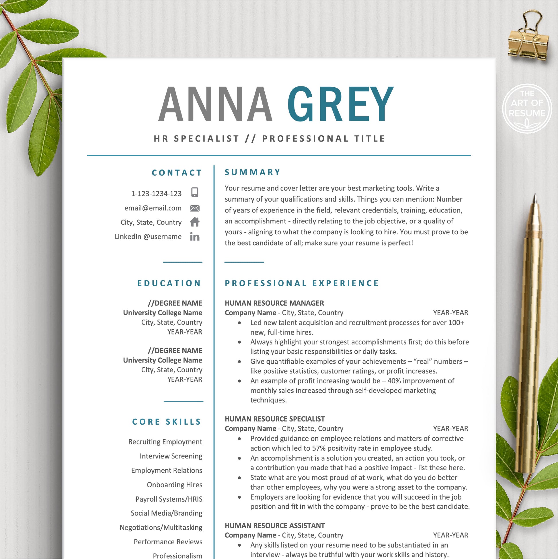 The Art of Resume Template Designs | Professional HR Resume Template 1 Page