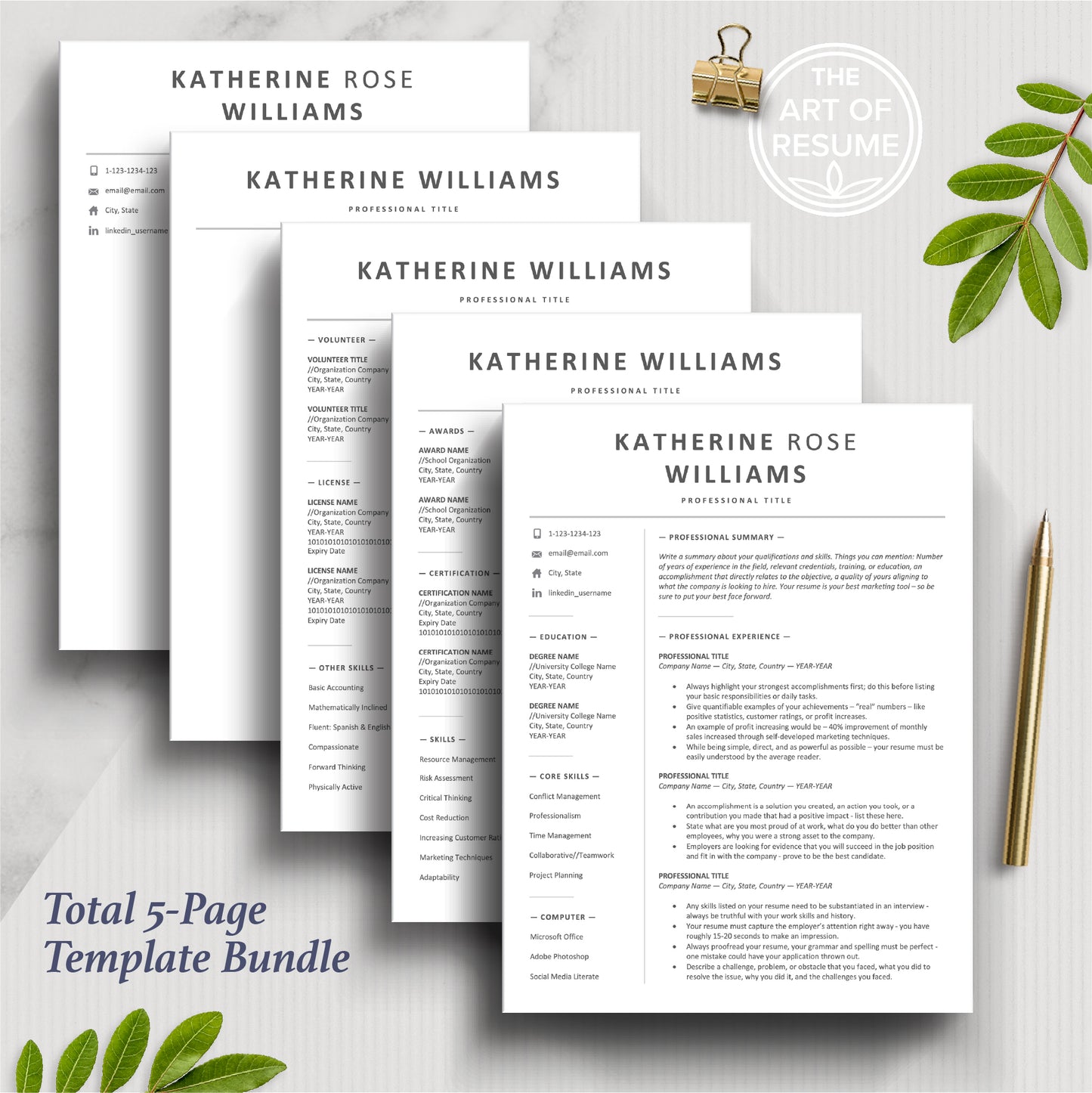 The Art of Resume Templates | Professional Simple Resume CV Design Bundle including matching cover letter and reference page