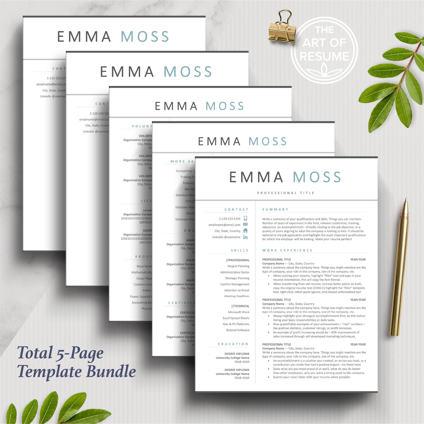 The Art of Resume Templates | Teal Blue  Simple Resume CV Design Bundle including matching cover letter and reference page