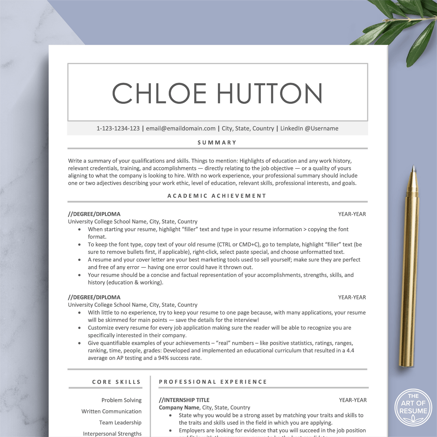 The Art of Resume Template | Modern Student Resume CV Template Design for New Graduate, Fresher, College Grad, High School, No Experience, New Job