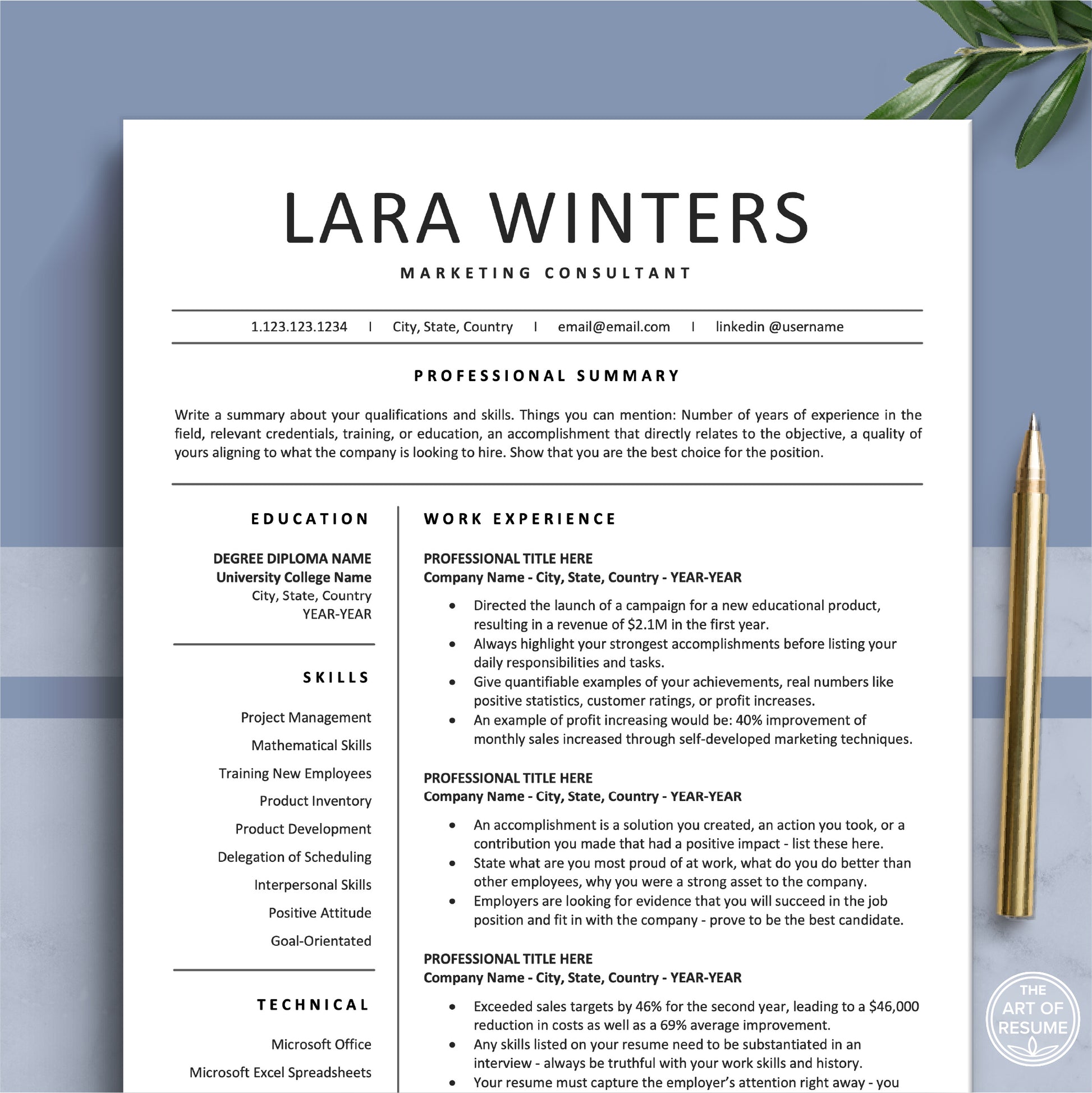 The Art of Resume Templates |  Professional Minimalist Resume CV Template | Curriculum Vitae for Apple Pages, Microsoft Word, Mac, PC