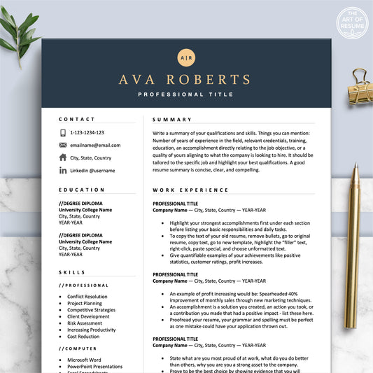 The Art of Resume Templates | Professional  Navy Blue Resume CV Template Includes 3 Editable Resume Templates, Cover Letter, Reference Page, Mac, PC, A4 Paper, US size, Free Guide, The Art of Resume Writing, 250 Bonus Resume Icons