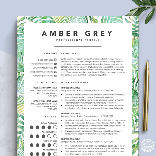 Creative CV Template Bundle | Floral Green Resume [Free Cover Letter] - The Art of Resume