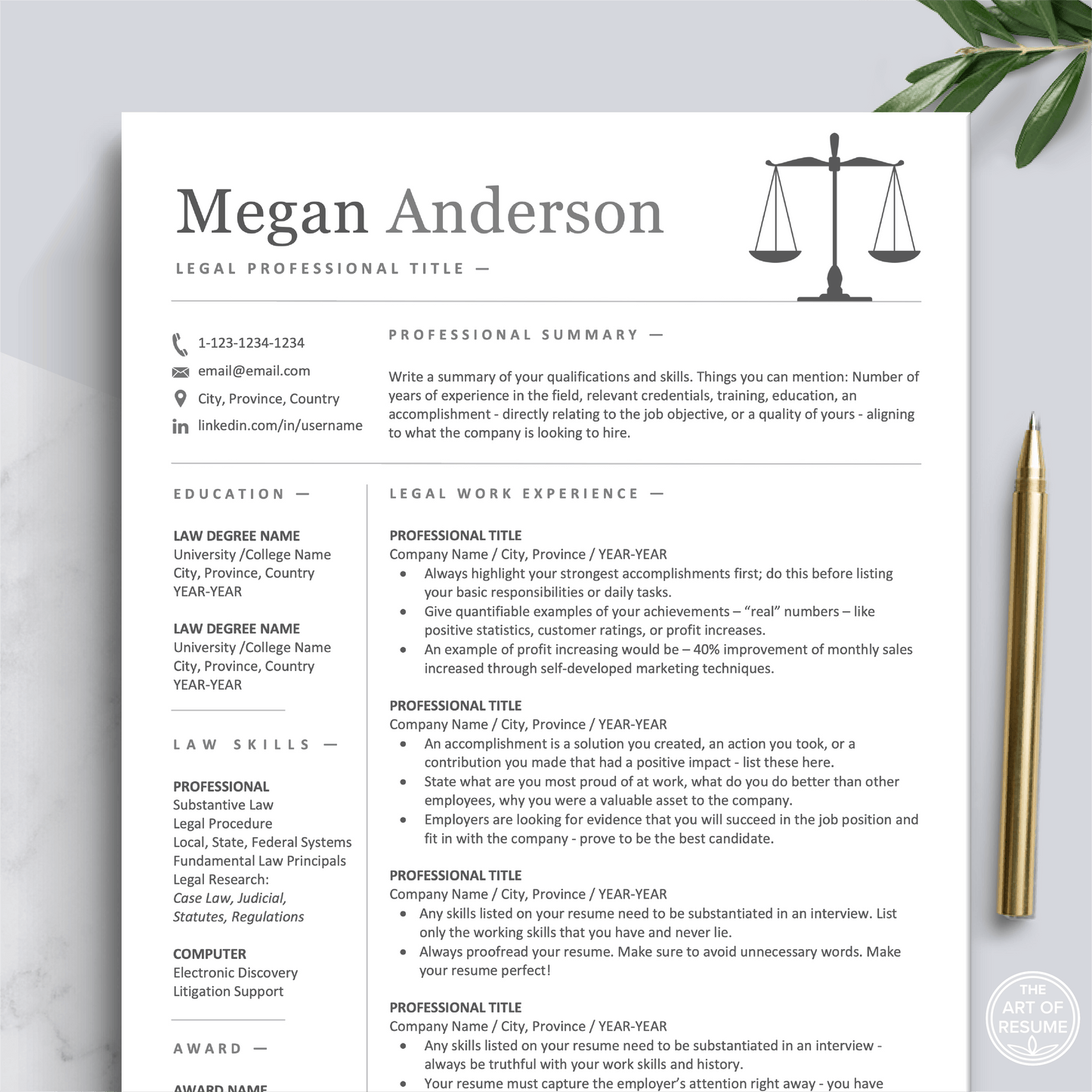 Lawyer Resume Design | Attorney CV | Legal Resume - The Art of Resume