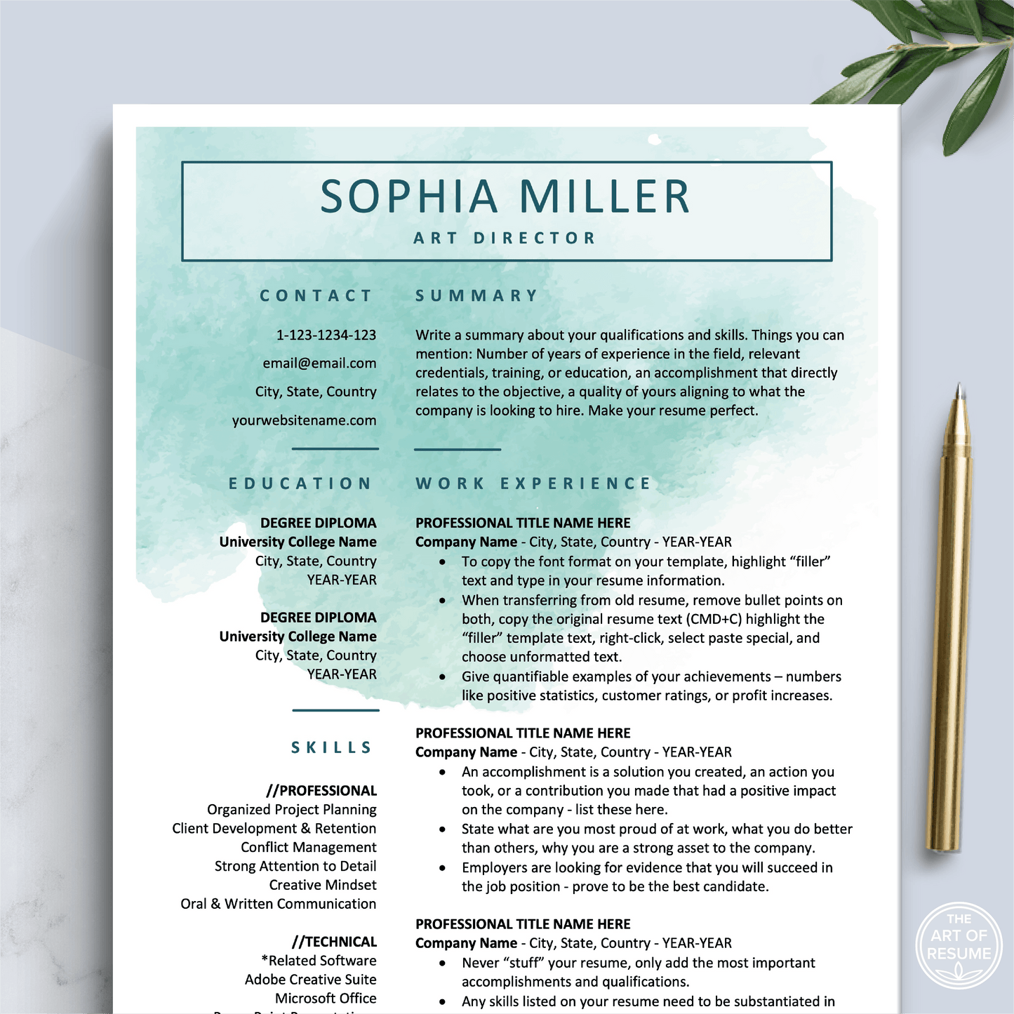 The Art of Resume Templates | Professional Rose Pink Resume CV Template | Curriculum Vitae for Apple Pages, Microsoft Word, Mac, PC