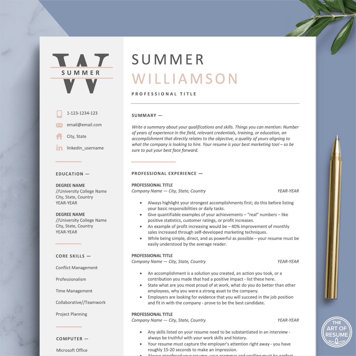The Art of Resume Templates | Professional Pink and Grey Resume CV Template | Curriculum Vitae for Apple Pages, Microsoft Word, Mac, PC