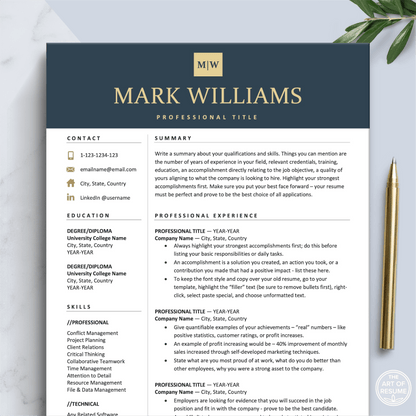 Custom Resume Template Design Bundle, Navy Blue Resume Templates (5) with Cover Letter, Reference Page, Resume Writing Guide 2024