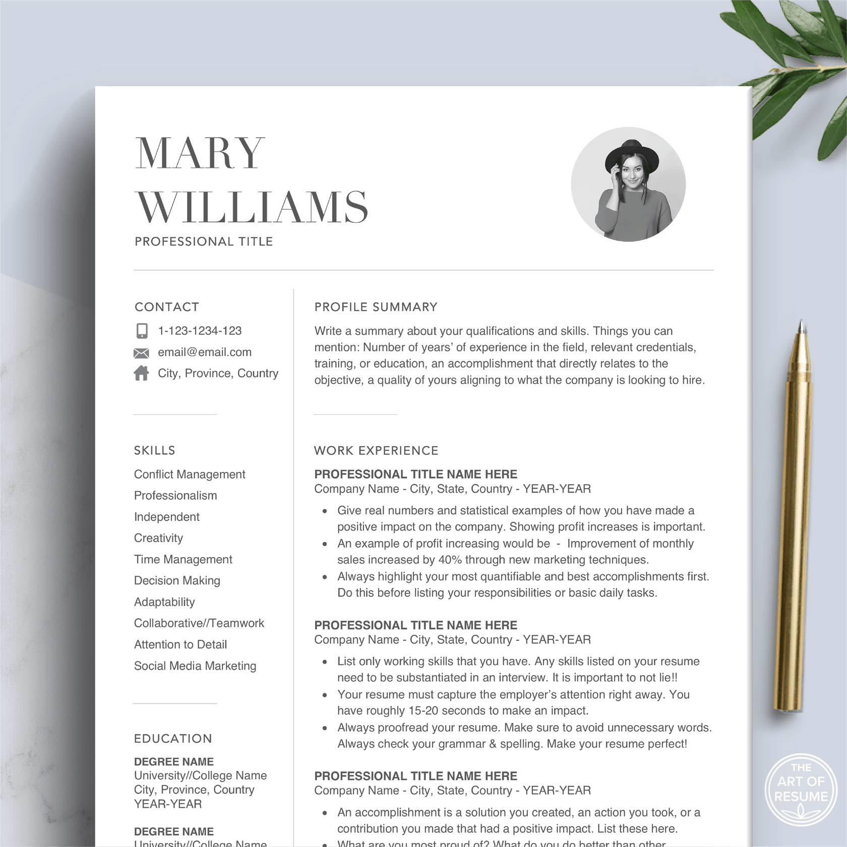 Simple Resume Template with Photo | Free Resume Writing Guide – The Art ...