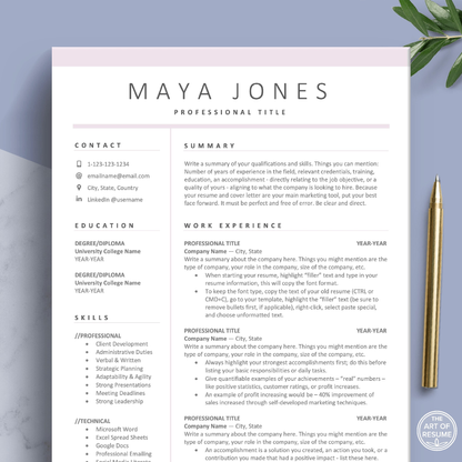 The Art of Resume Templates | Professional Simple Pink Resume CV Design Template Builder Bundle Download | Curriculum Vitae