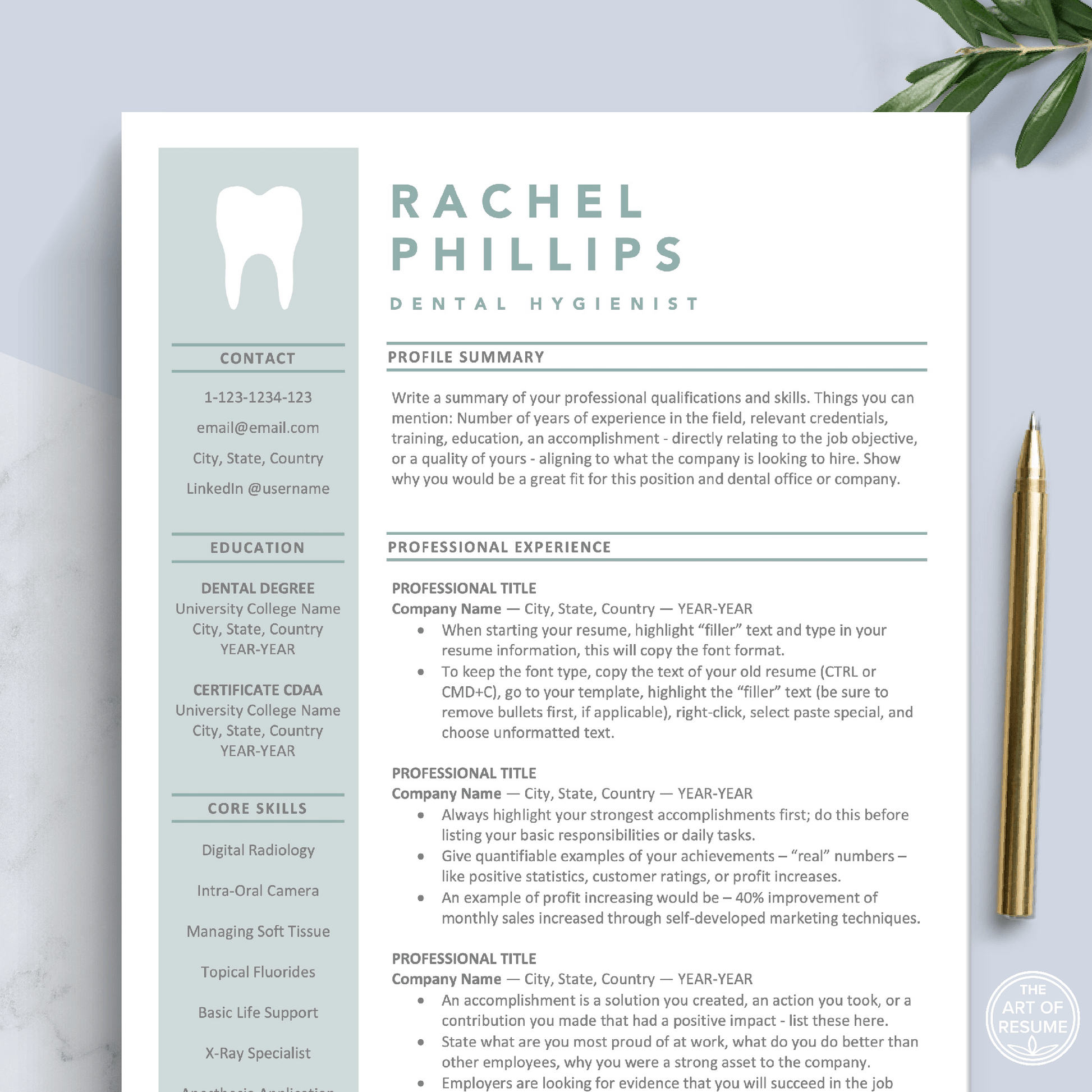 The Art of Resume Templates | Dentist, Hygienist, Dental Student, Assistant Resume CV Design Template Maker, Instant Download Bundle for Apple Pages and Microsoft Word, Mac and PC Resume CV Template | Curriculum Vitae for Apple Pages, Microsoft Word, Mac, PC