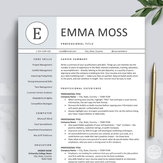The Art of Resume Templates | Professional Blue Resume CV Template | Curriculum Vitae for Apple Pages, Microsoft Word, Mac, PC