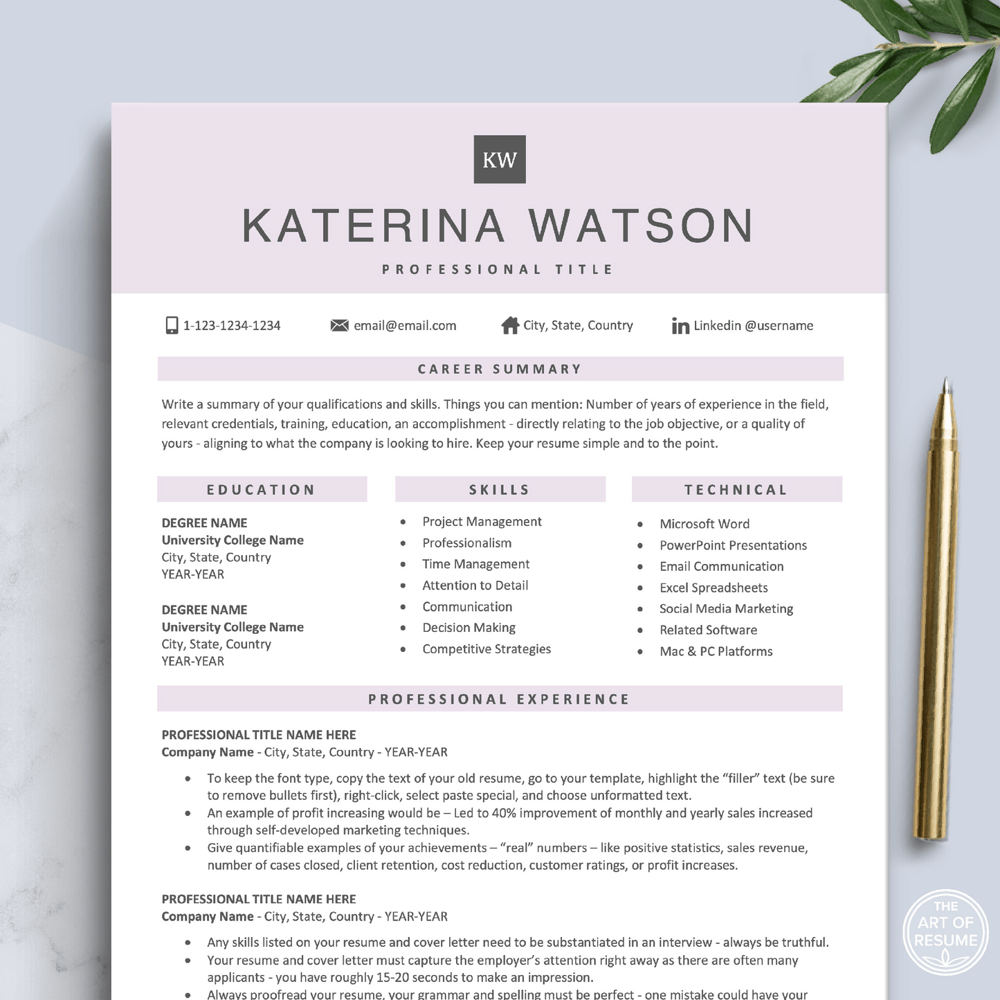 The Art of Resume Templates |  Professional Rose Pink Resume CV Template | Curriculum Vitae for Apple Pages, Microsoft Word, Mac, PC