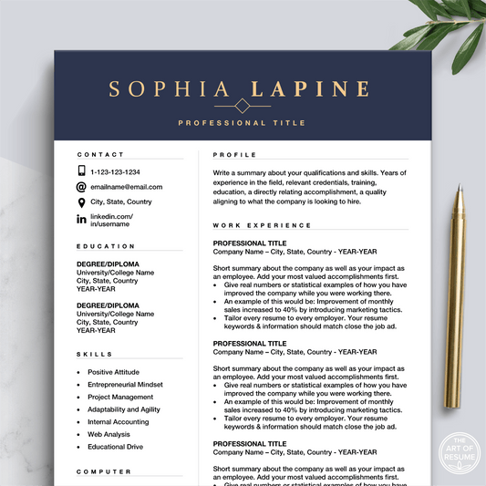 The Art of Resume Templates | Professional Navy Blue Resume CV Design Template Bundle, Instant Download Bundle for Google Docs, Apple Pages, Microsoft Word, Mac, PC, Chromebook, Tablet