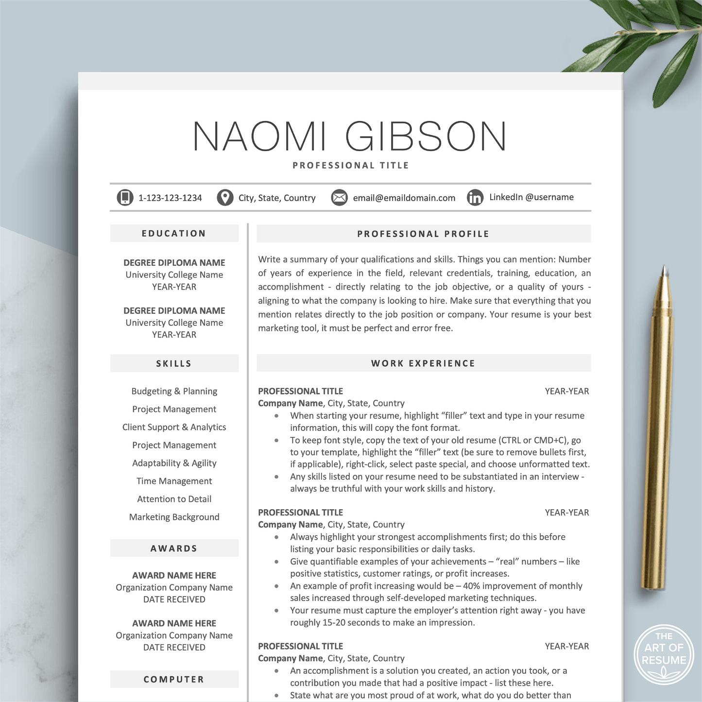 The Art of Resume Templates |  Professional Minimalist Simple Resume CV Template | Curriculum Vitae for Apple Pages, Microsoft Word, Mac, PC