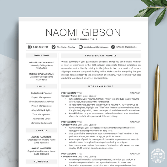 The Art of Resume Templates |  Professional Minimalist Simple Resume CV Template | Curriculum Vitae for Apple Pages, Microsoft Word, Mac, PC