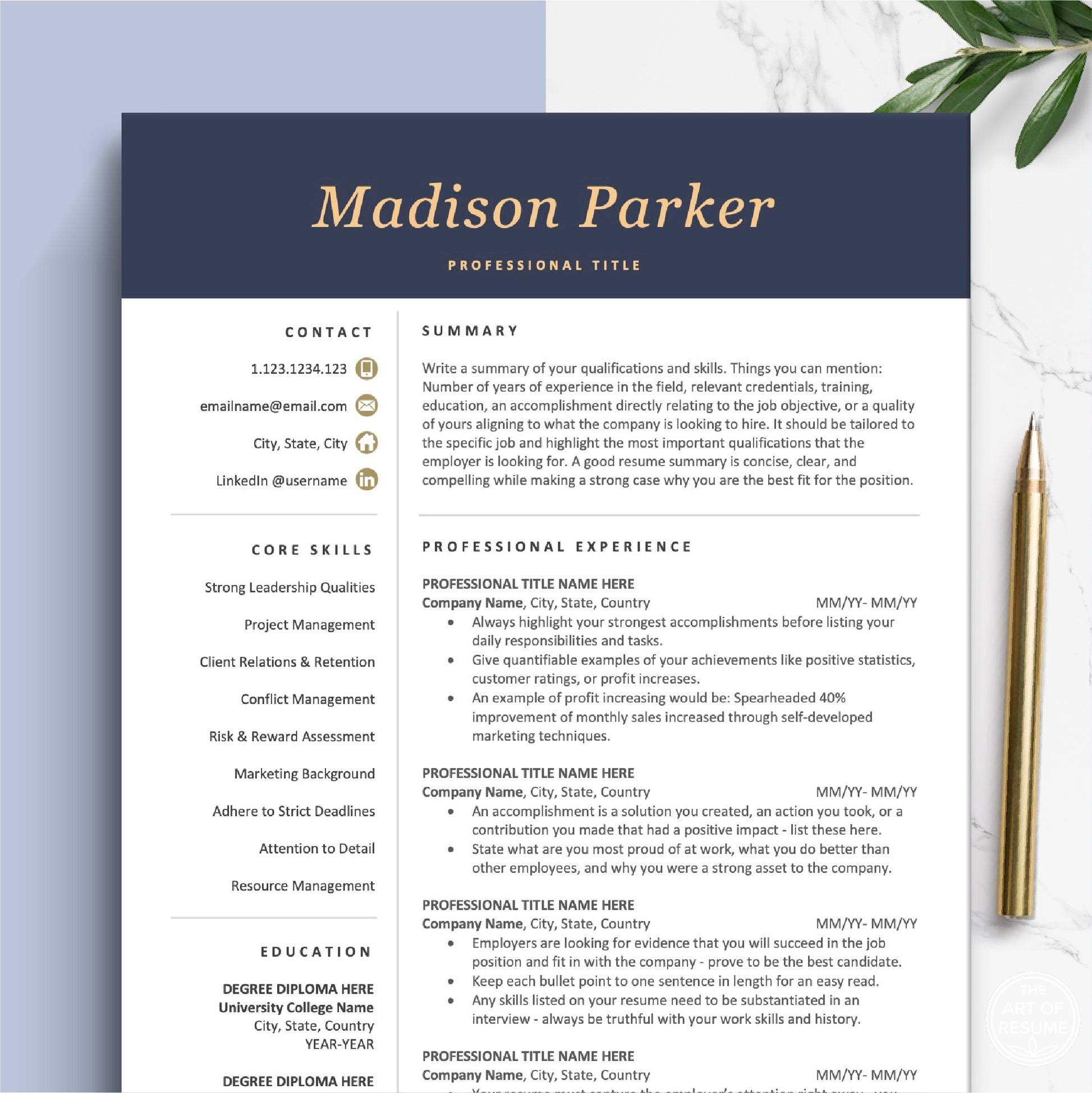 The Art of Resume Templates - Professional Dark Blue Resume CV Design Template Bundle