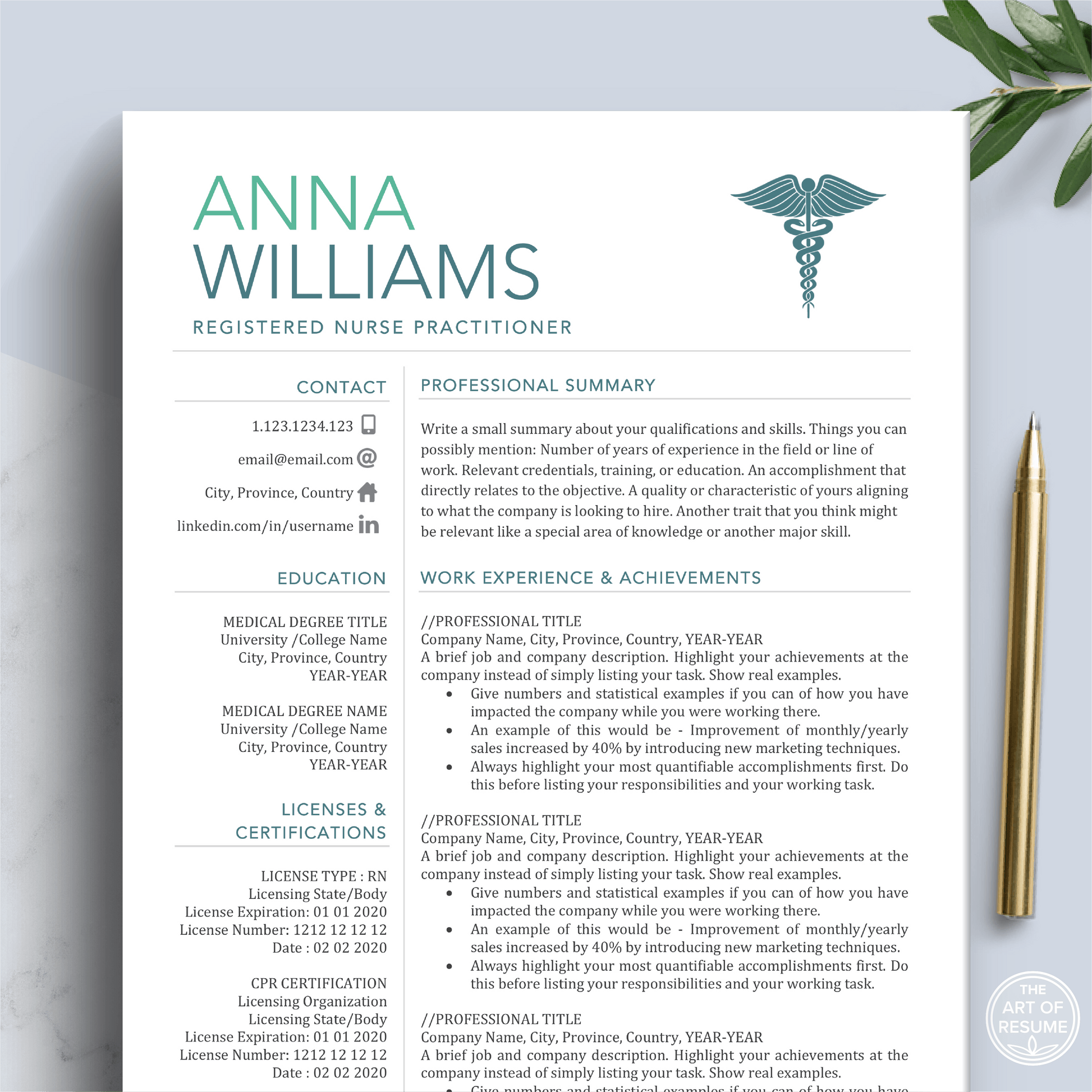RN Nurse Resume Template | Medical CV | Nursing Student Curriculum Vitae - The Art of Resume