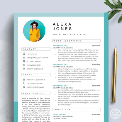 The Art of Resume Templates | Professional Teal Blue Resume CV Design Template with Photo Picture, Download for Apple Pages and Microsoft Word, Mac and PC Resume CV Template | Curriculum Vitae for Apple Pages, Microsoft Word, Mac, PC