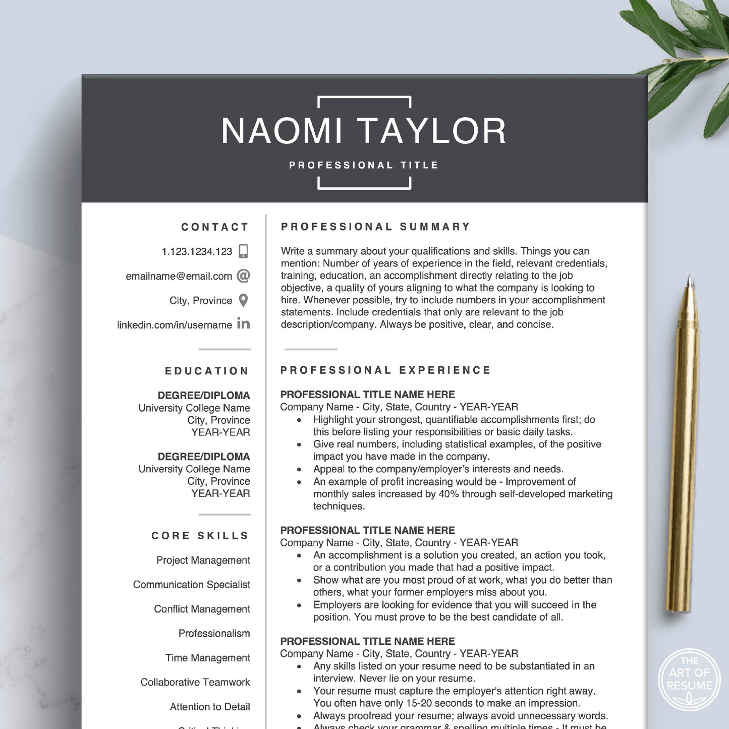 Professional Resume Template | Free Resume Writing Guide Included - The Art of Resume