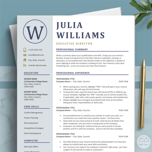 The Art of Resume Templates | Professional Blue Resume CV Design Template Builder Bundle Download | Curriculum Vitae