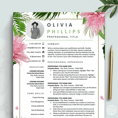 The Art of Resume Templates | Creative Floral Resume CV Template Download for Apple Pages, Microsoft Word, Mac, PC, Chromebook, Tablet