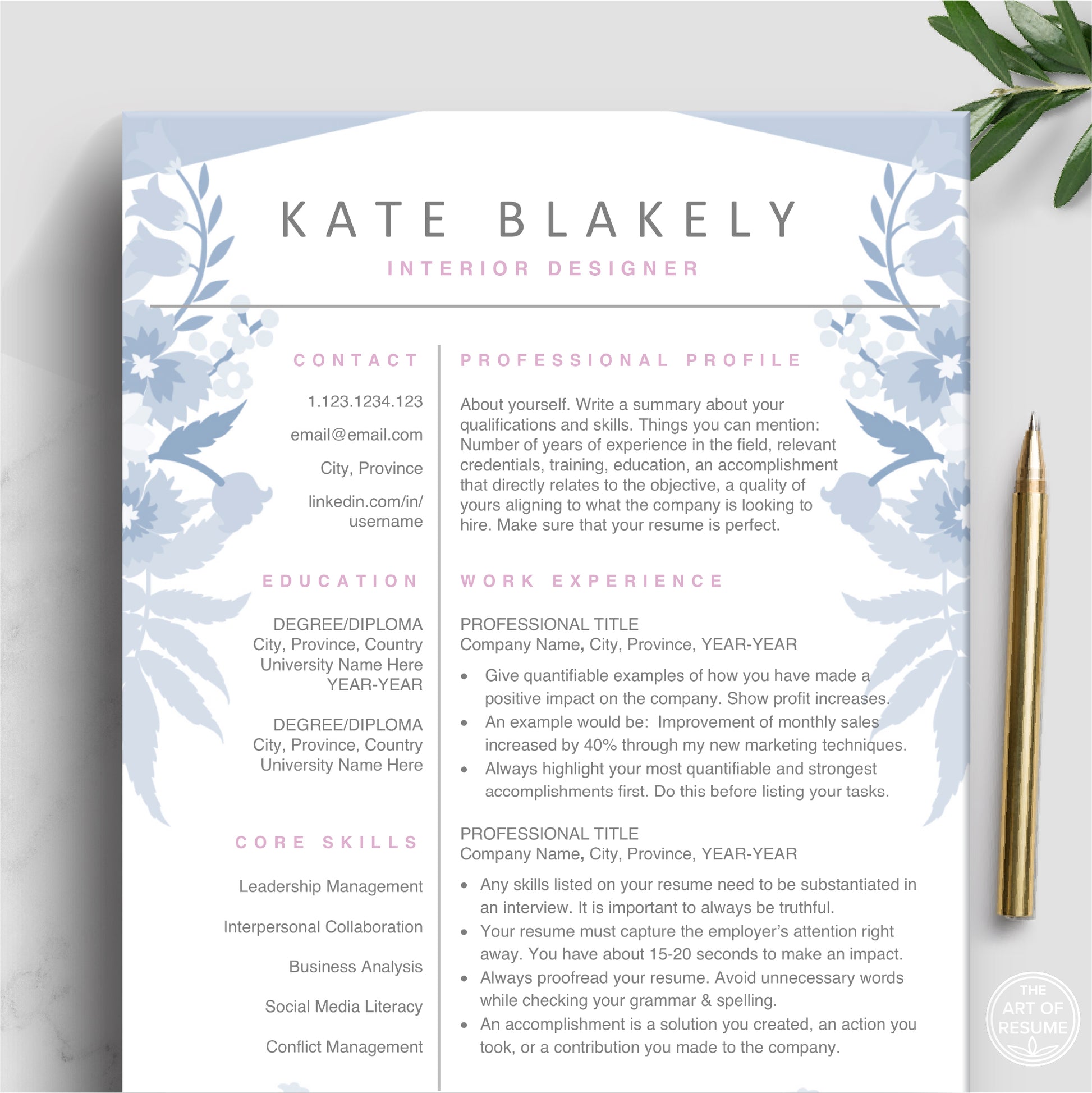 The Art of Resume | Blue Floral Resume Template Design