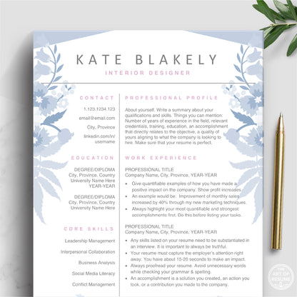 The Art of Resume | Blue Floral Resume Template Design