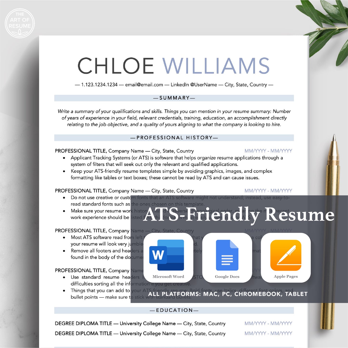 The Art of Resume Templates | One Page ATS-Friendly Resume CV Design Template Maker | Curriculum Vitae
