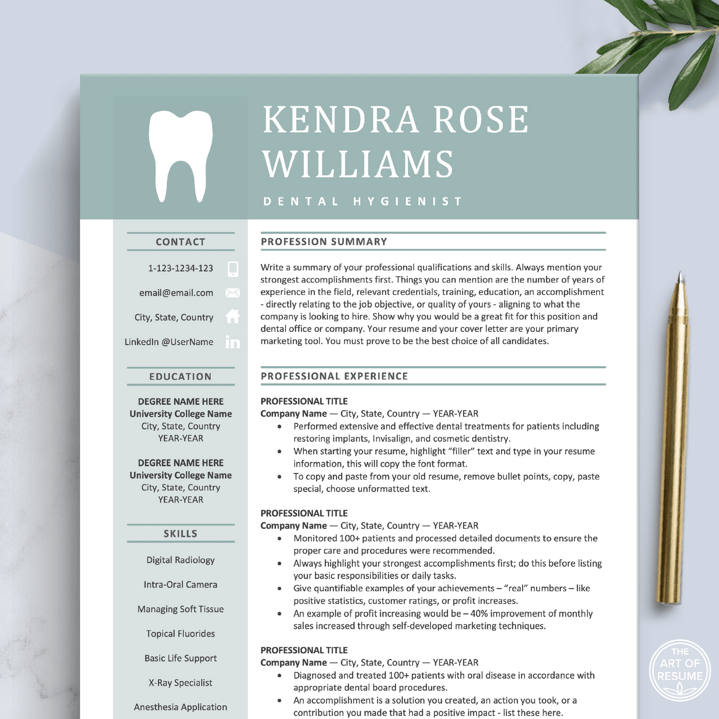 The Art of Resume Templates | Dentist, Hygienist, Dental Student, Assistant Resume CV Design Template Maker, Download for Apple Pages and Microsoft Word, Mac and PC Resume CV Template | Curriculum Vitae for Apple Pages, Microsoft Word, Mac, PC