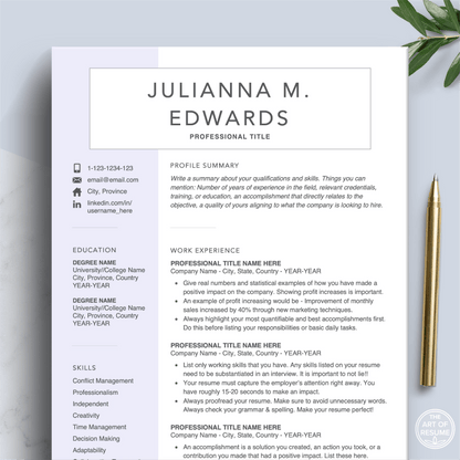 Professional Resume Template | Word & Pages | Free Cover Letter
