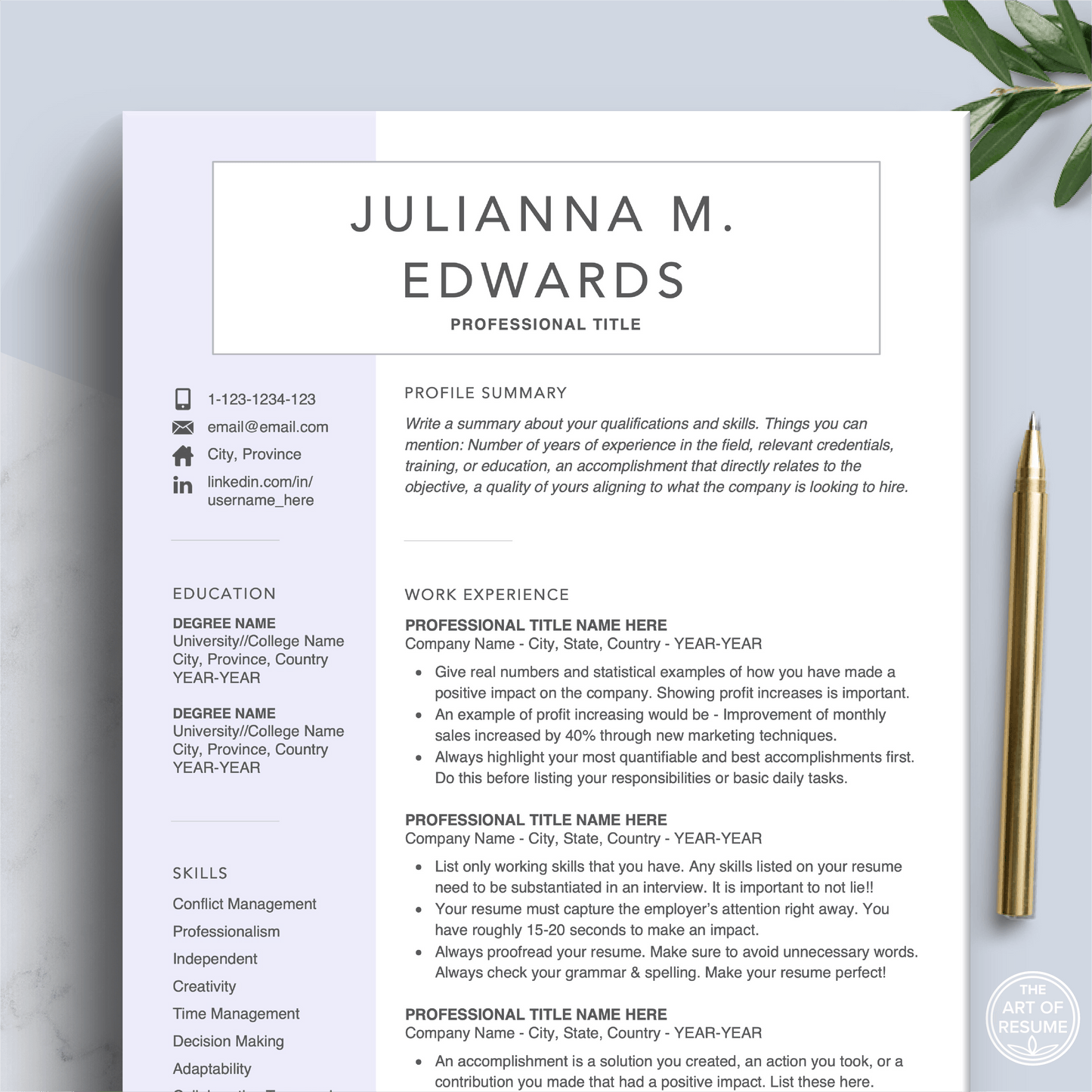 Professional Resume Template | Word & Pages | Free Cover Letter - The Art of Resume