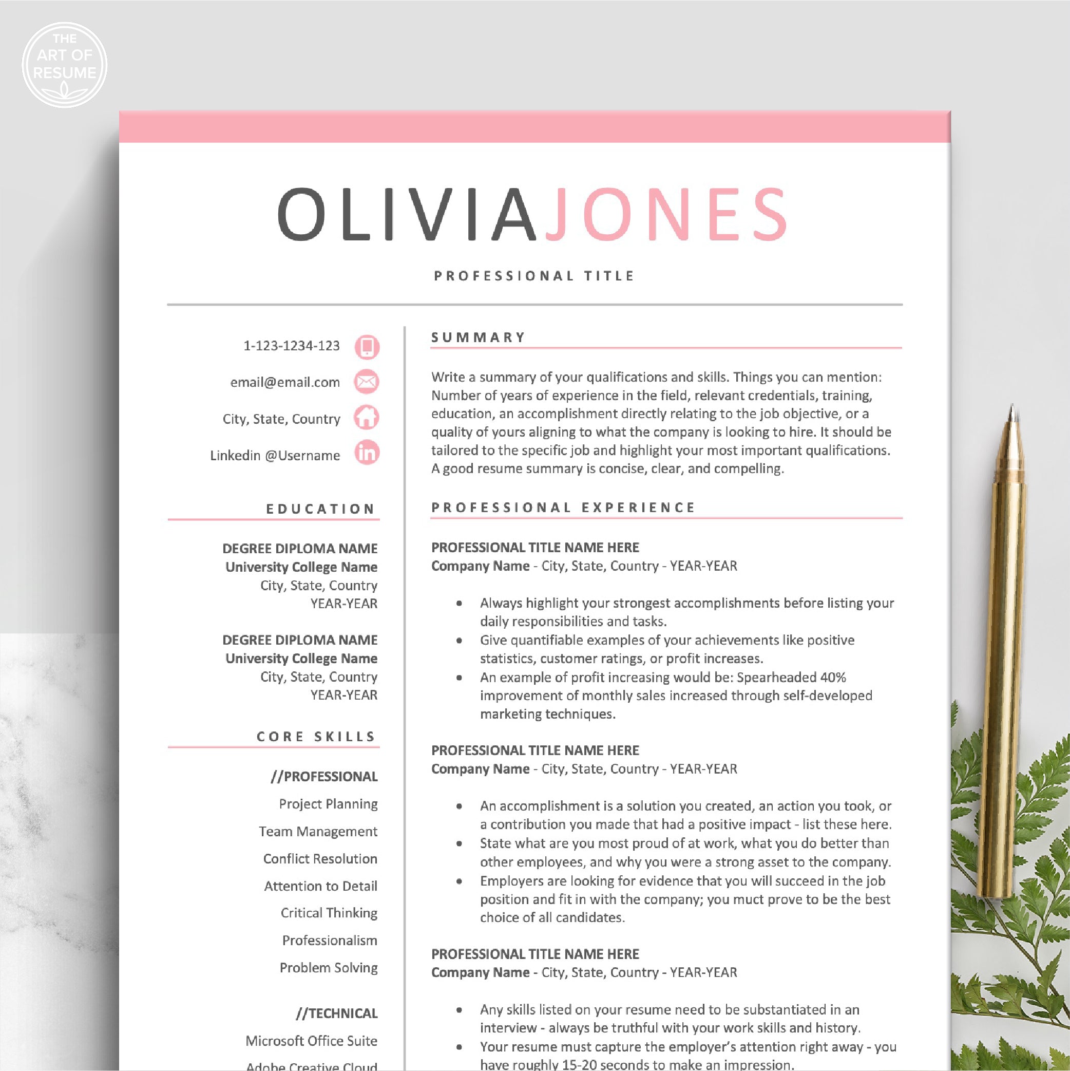 Professional Resume Templates | Pink Resume Template – The Art of Resume