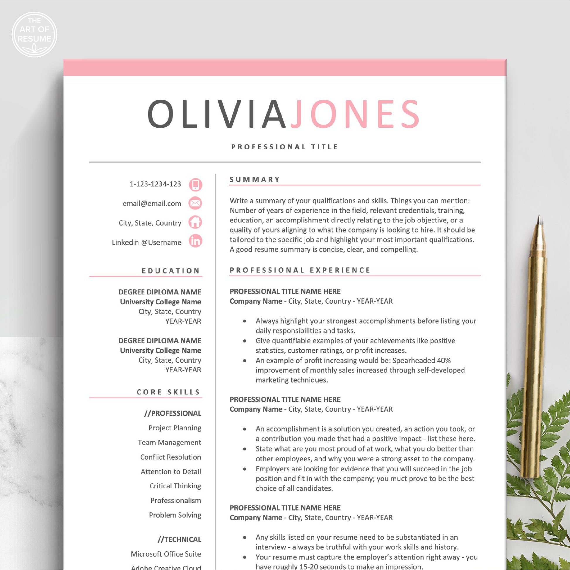 The Art of Resume Templates | Professional Pink Resume CV Design Template Bundle