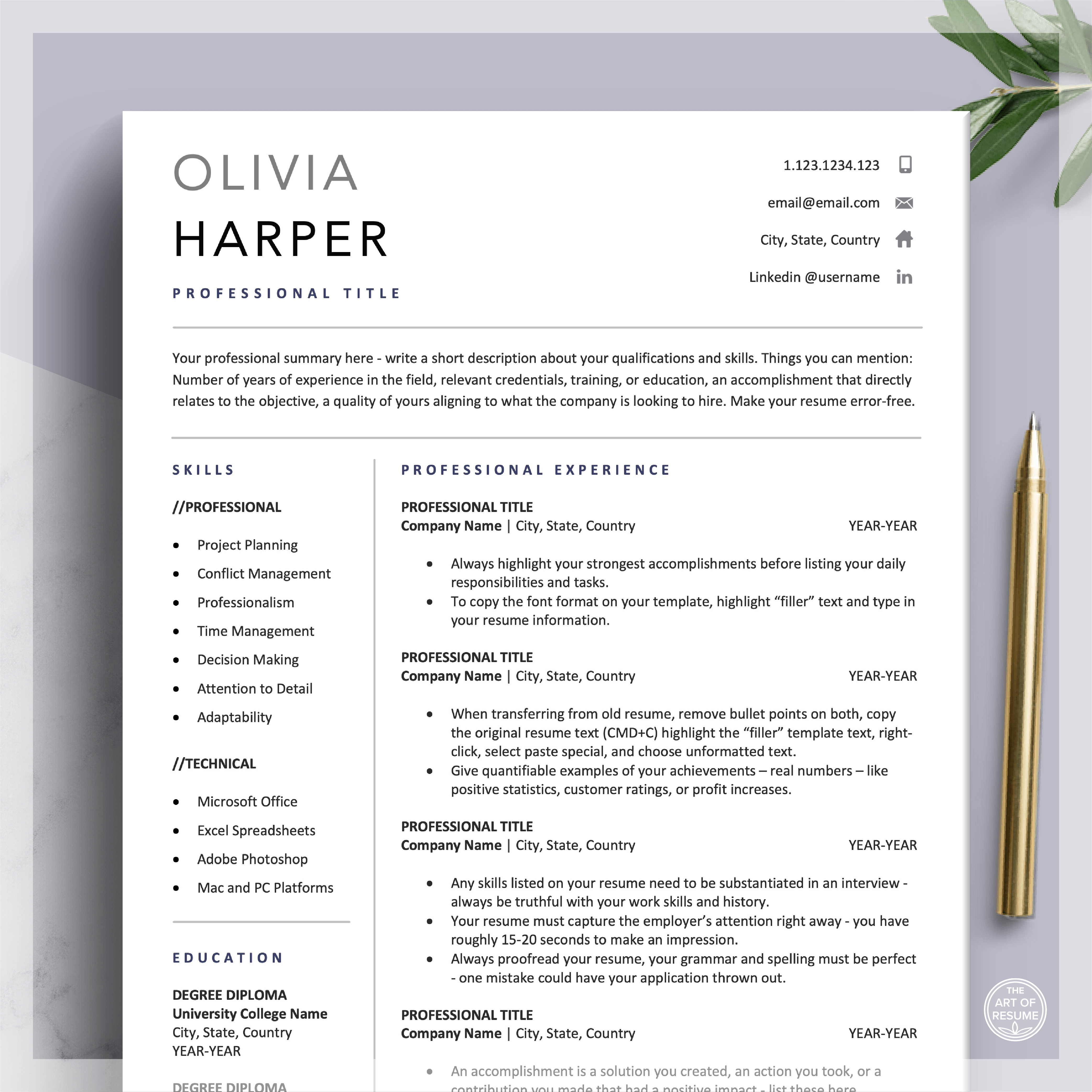 Executive Resume Template | Professional CV | Free Cover Letter – The ...