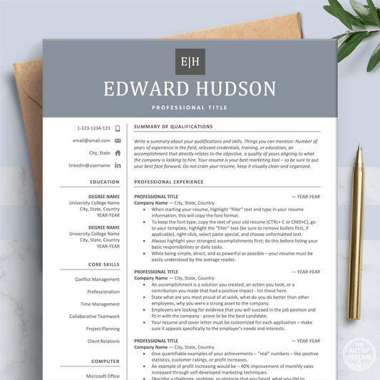 The Art of Resume Templates | Professional Executive Blue Grey Resume CV Design Template Maker, Download for Apple Pages and Microsoft Word, Mac and PC Resume CV Template | Curriculum Vitae for Apple Pages, Microsoft Word, Mac, PC