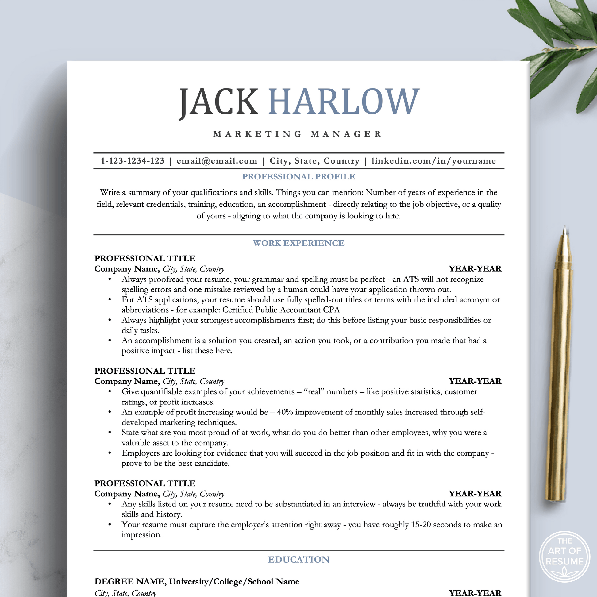 Professional ATS Resume CV Template | Applicant Tracking System Friendly | One-Column CV - The Art of Resume