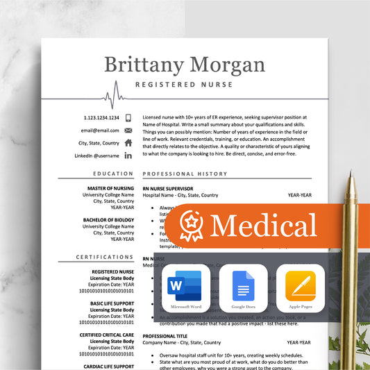The Art of Resume, Modern Medical Nurse  Doctor Resume CV Template for RN Nurse, Resident Student, Medical Assistant, Physician with Cover Letter, Reference Page, Social Media Icons