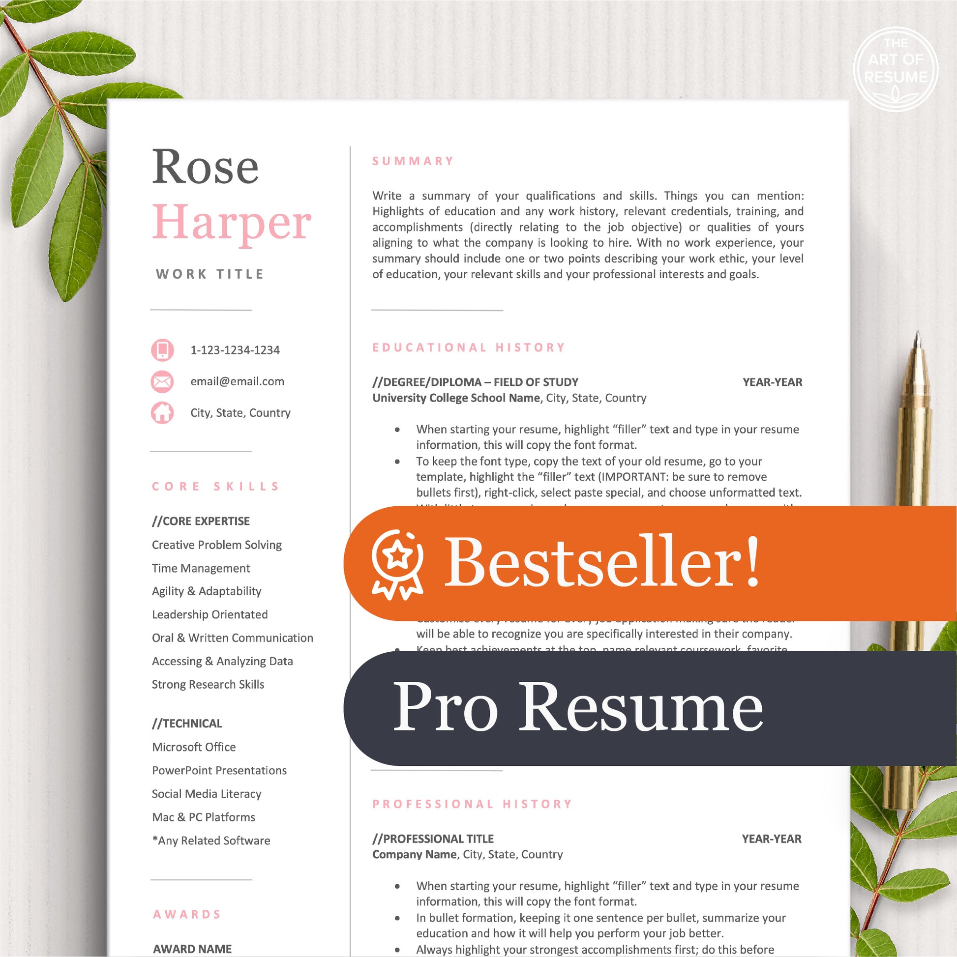 The Art of Resume Templates | Modern Pink Resume CV Design Template Bundle, Pro Resume, Bestseller 2026