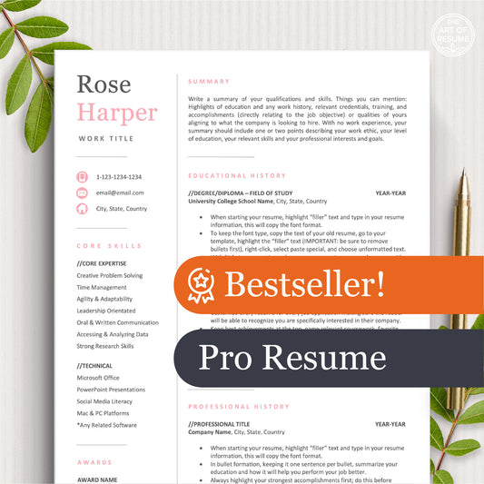 The Art of Resume Templates | Modern Pink Resume CV Design Template Bundle, Pro Resume, Bestseller 2026