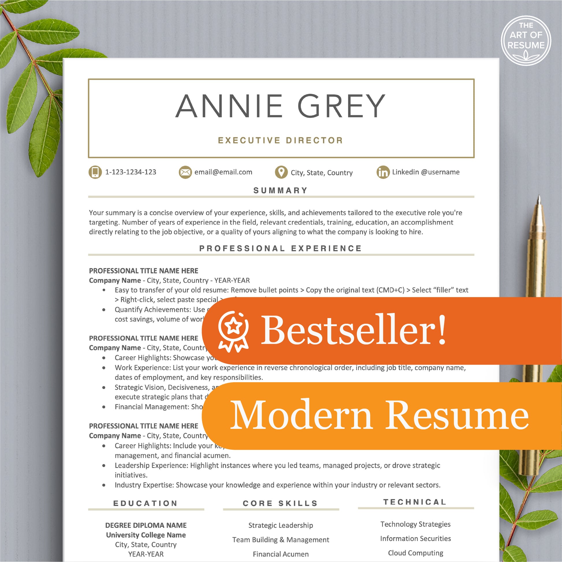 The Art of Resume Templates | Modern Bestseller white and gold Resume CV Design Template Bundle
