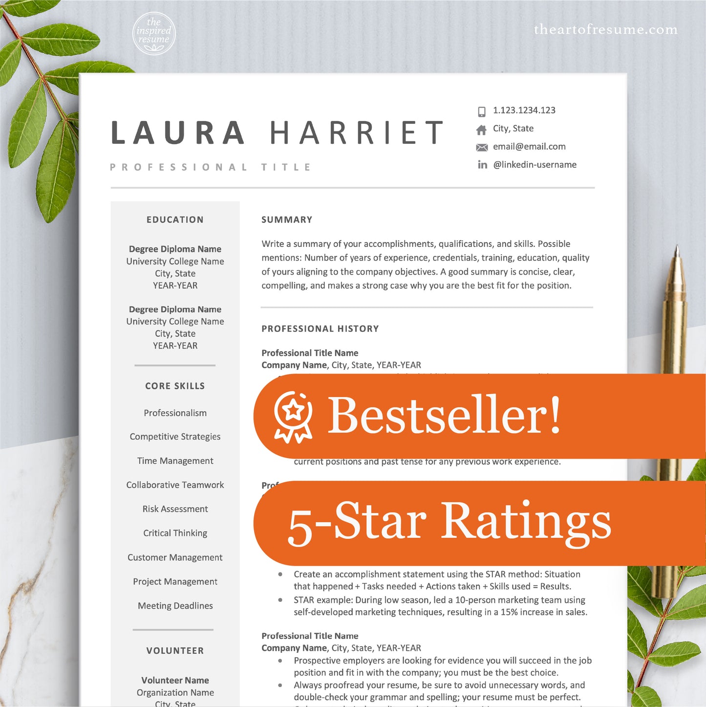 The Art of Resume Templates | Modern Professional Resume CV Design Template Bundle | Simple Clean Curriculum Vitae for any Career | Bestseller 5-Star Rating Banner