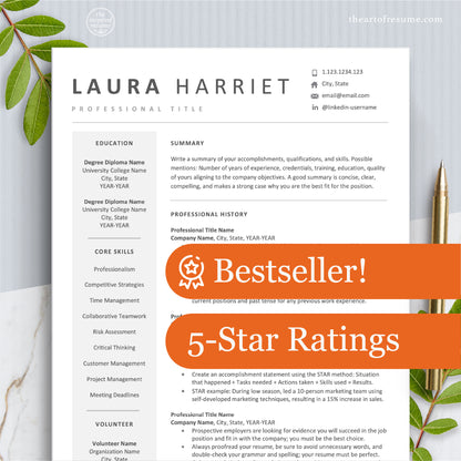 The Art of Resume Templates | Modern Professional Resume CV Design Template Bundle | Simple Clean Curriculum Vitae for any Career | Bestseller 5-Star Rating Banner