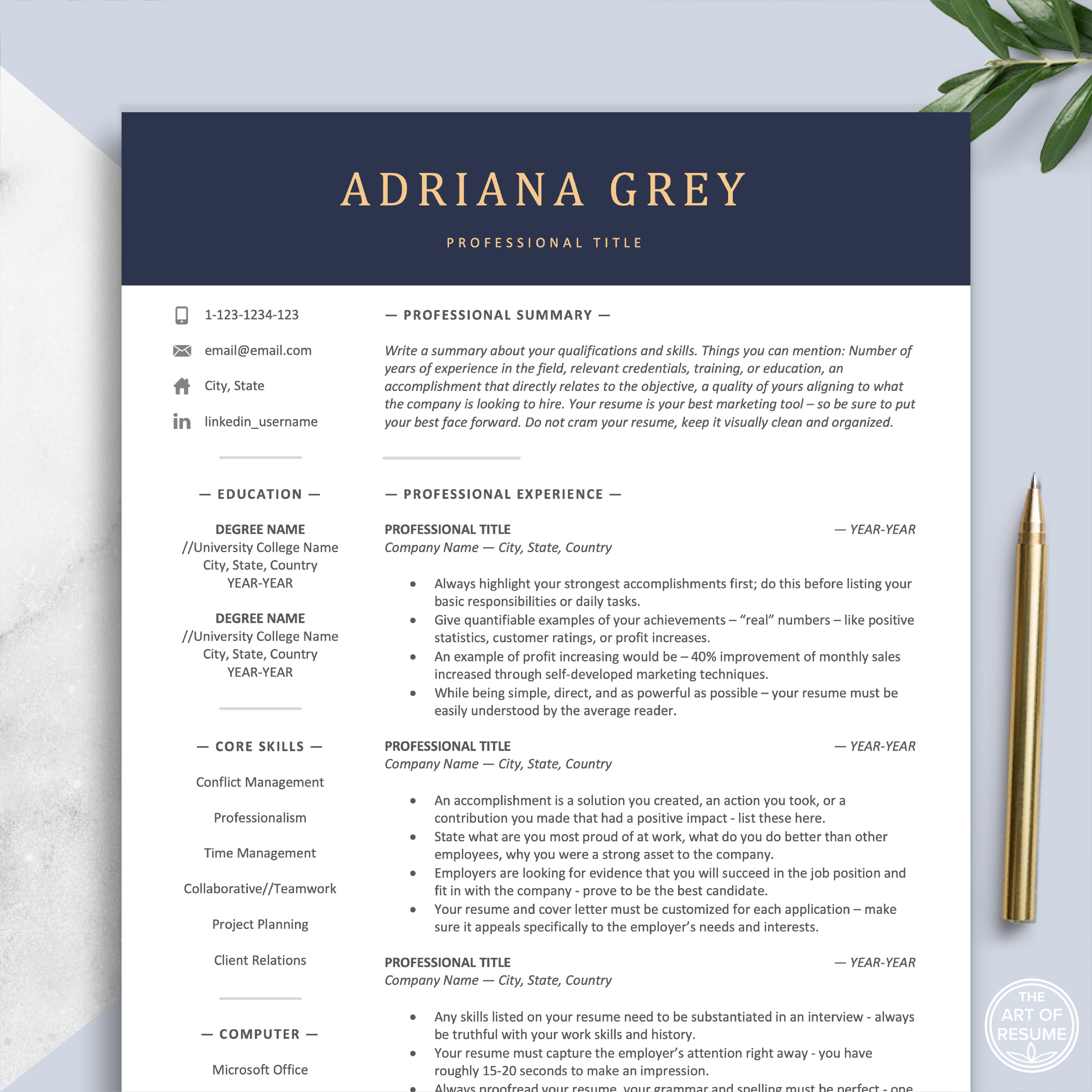The Art of Resume Template | Executive Navy Google Docs Friendly Resume