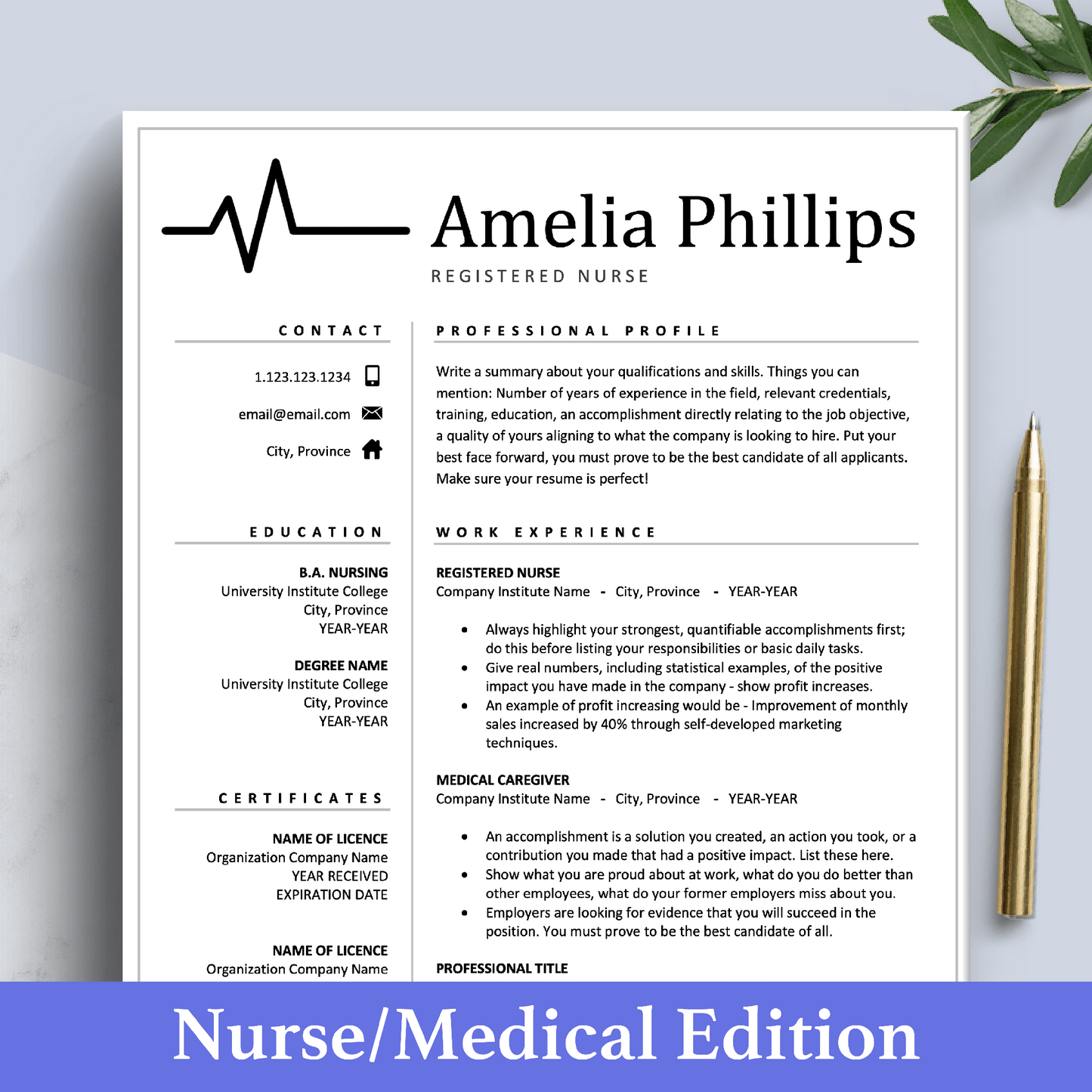 Plantilla de currículum médico | Curriculum Vitae para enfermera, médico y enfermero registrado