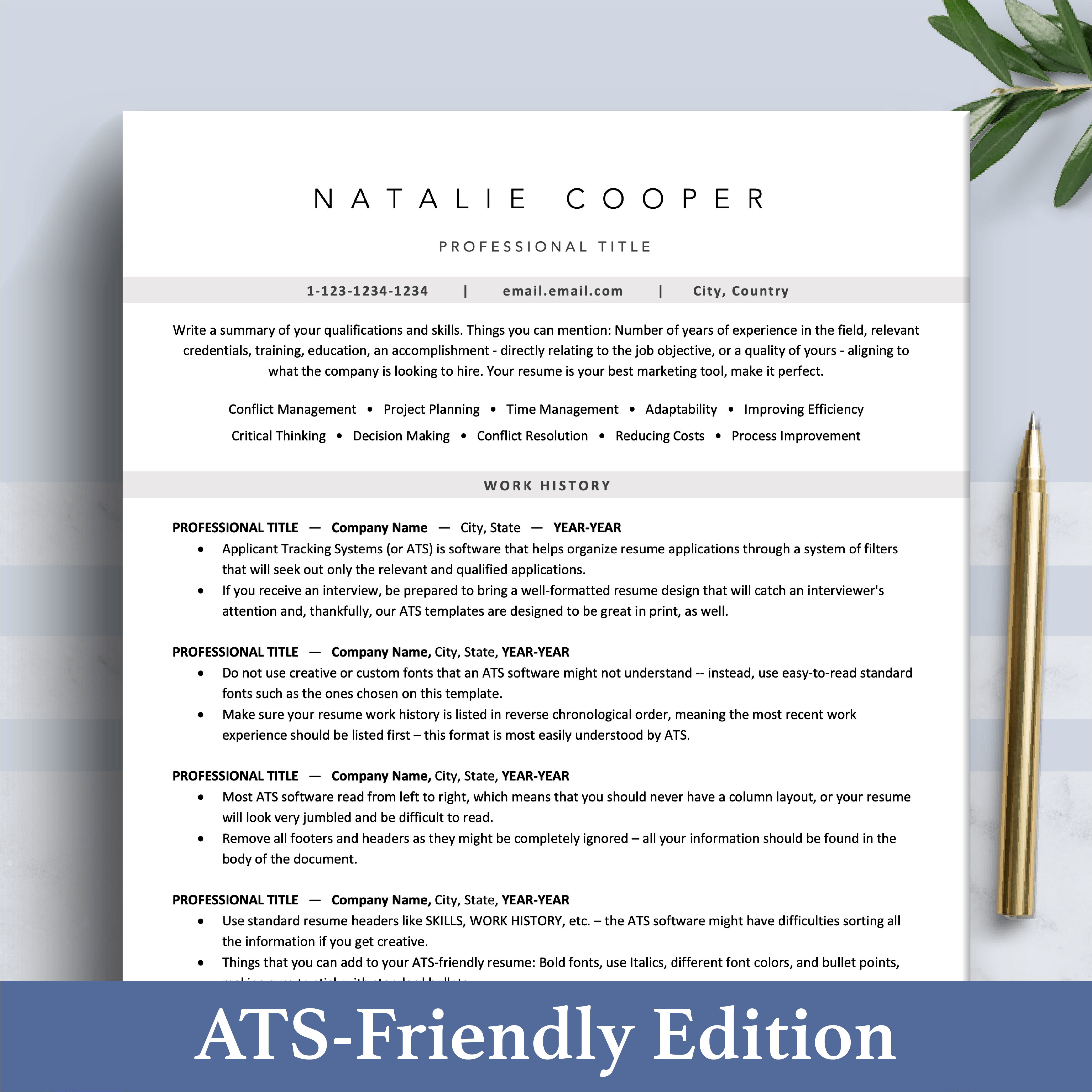 ATS Friendly Resume CV Template, ATS Curriculum Vitae (Application Tra ...