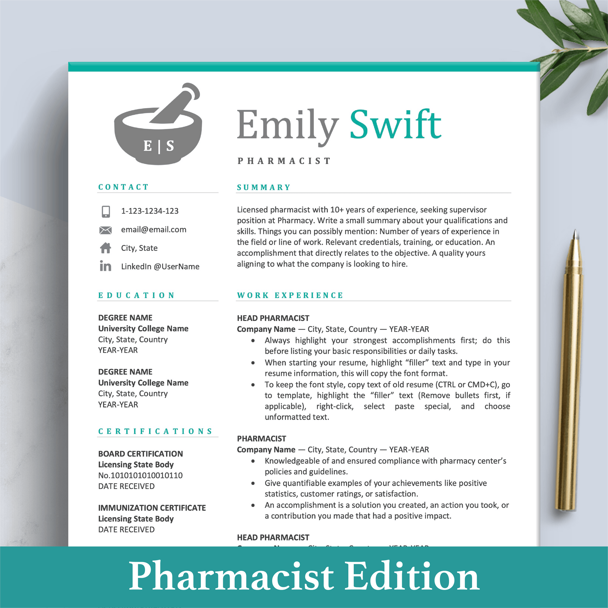 Pharmacist Resume | Pharmacy Template |  Medical Physician CV Cover Letter - The Art of Resume