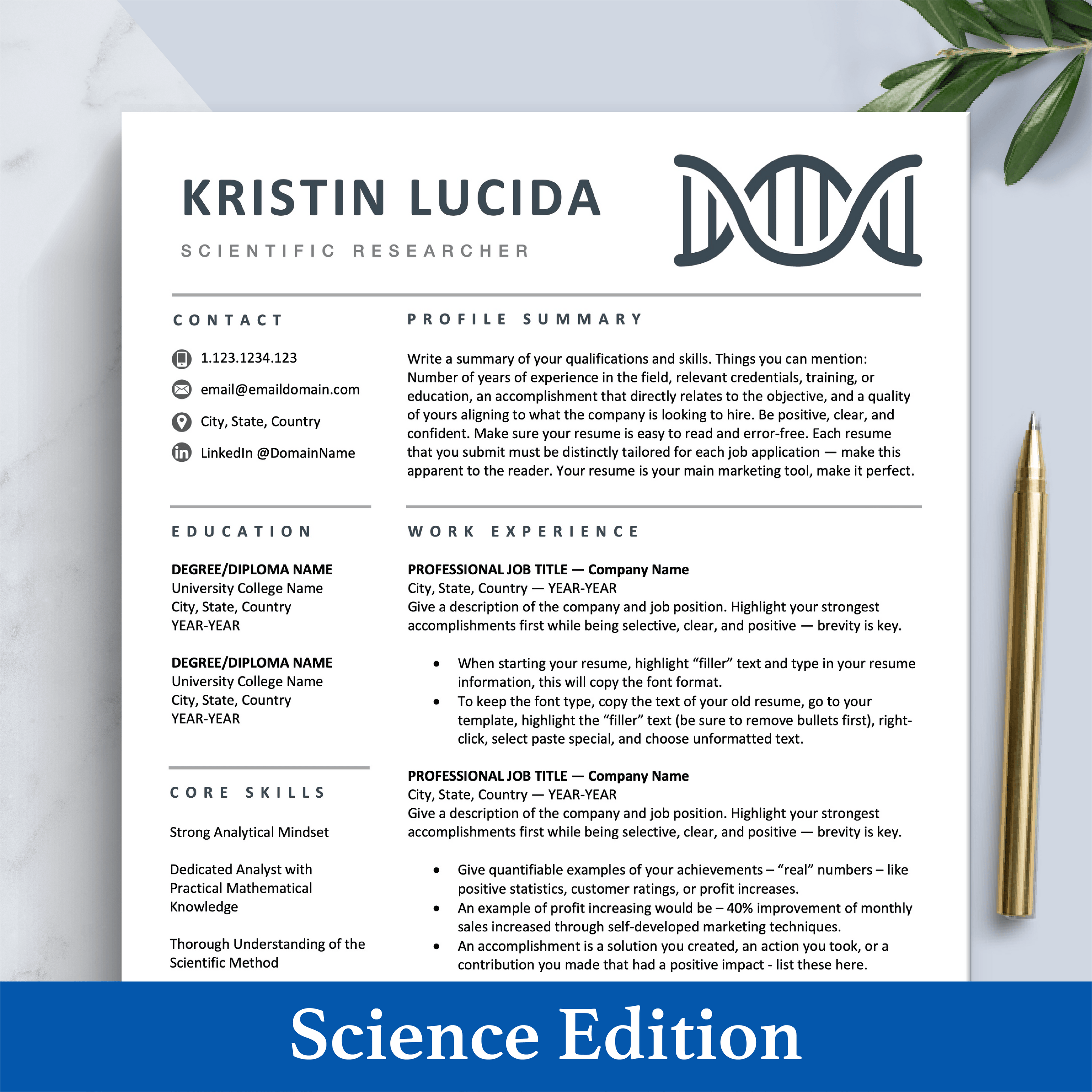 Science Resume CV for Scientist, Biochemist, Laboratory, Medicine – The ...